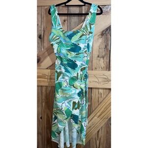 Baltic Born Latonya Faux Wrap Dress Large Smocked Back W/ Green Abstract Leaves